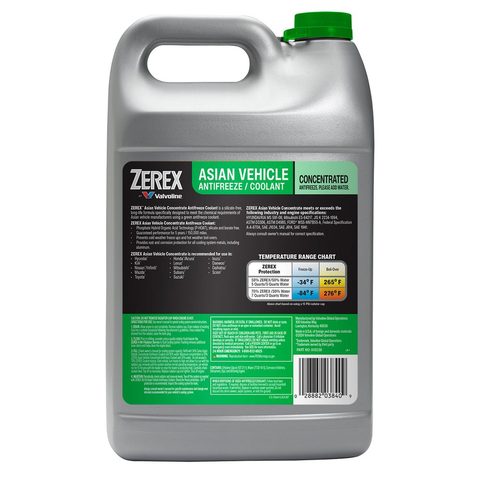 Valvoline Zerex Asian Green ანტიფრიზის კონცენტრატი, ეტიკეტი უკანა მხარეს გაზავების ინსტრუქციით