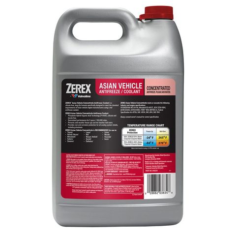 Valvoline Zerex Asian Red ანტიფრიზის კონცენტრატი, ეტიკეტი უკანა მხარეს გაზავების ინსტრუქციით