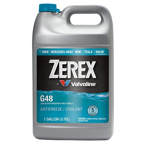 Valvoline Zerex G48 ანტიფრიზის კონცენტრატი ტესლასთვის, კანისტრის წინა მხარე წარწერით Tesla, BMW, Mercedes-Benz, Mini, Volvo